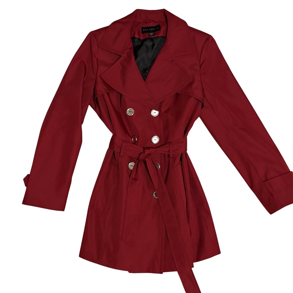 Metaphor Women's Trench Coat Double Breasted Belted Jacket Large Red Wine Y2K